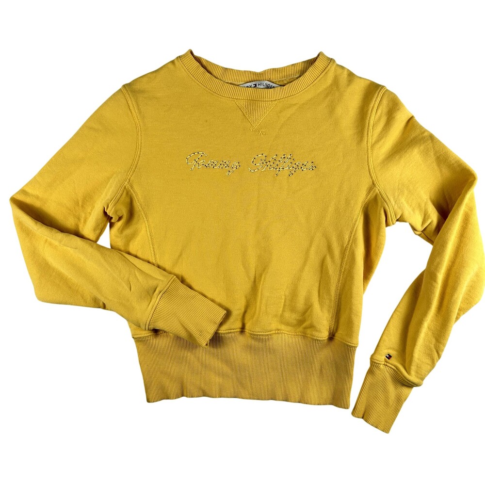 Vintage Tommy Hilfiger Sweater Womens Small Yellow Cropped Logo Crewneck Y2K
